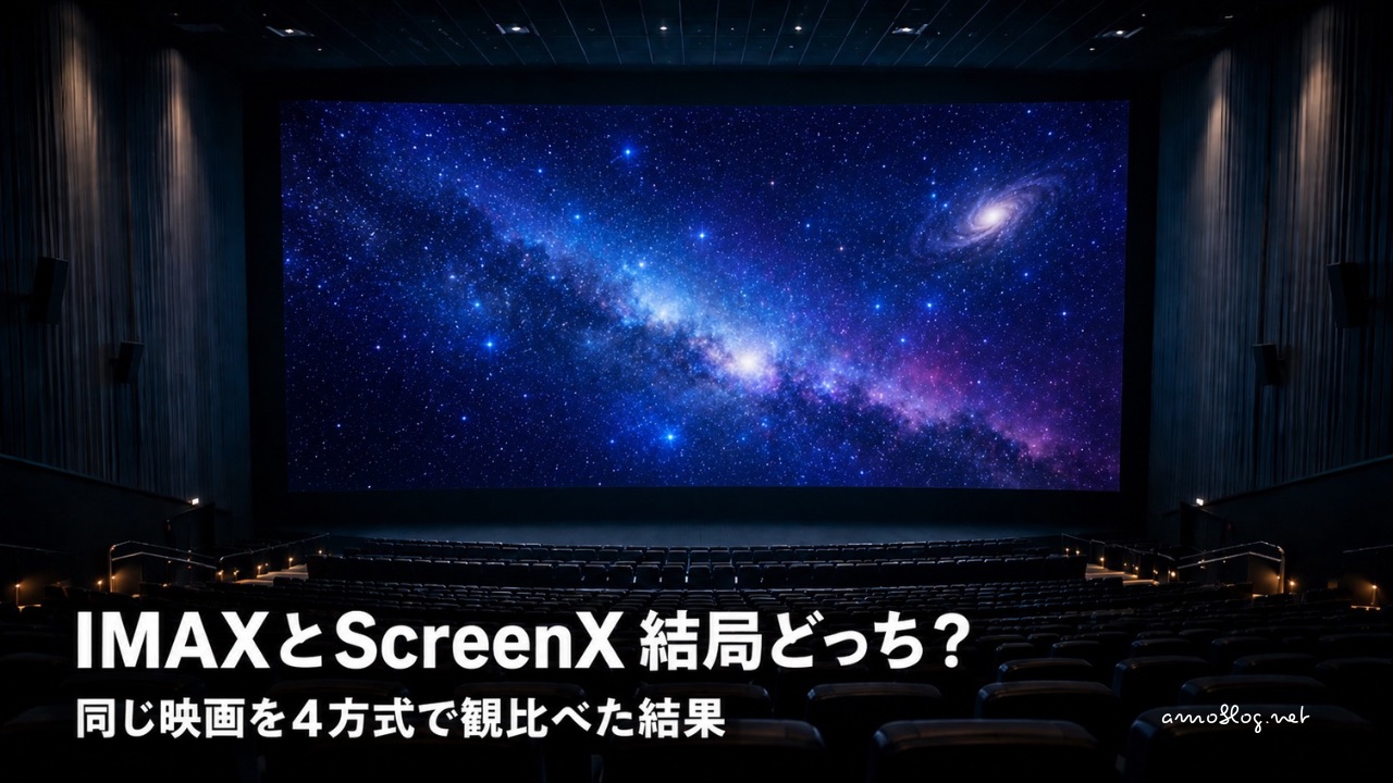 暗い映画館の客席から見上げた巨大なスクリーンに星空・銀河が映し出されている